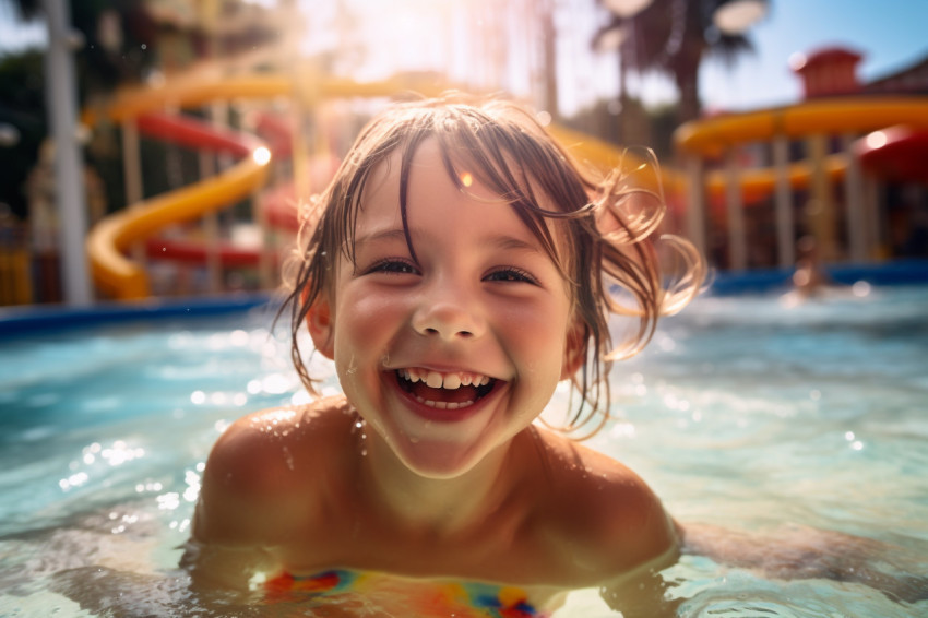 A picture of a young girl having fun at a water park with her family