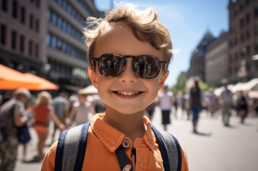 A picture of a young child visiting Stockholm with his family in the summer in Sweden