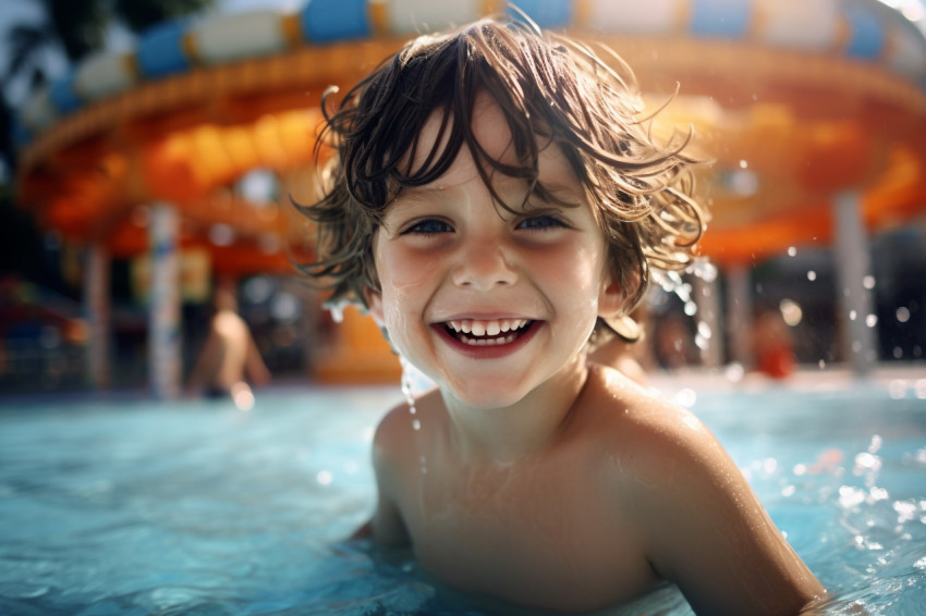 A picture of a young girl having fun at a water park with her family