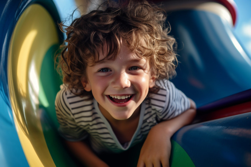 A picture of a joyful kid on a waterslide at an outside waterpark