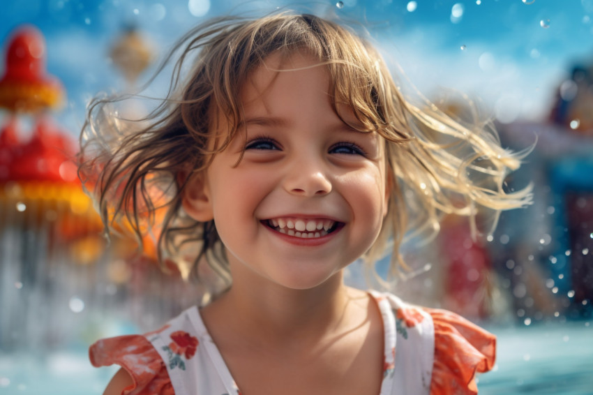 A picture of a young girl having fun at a water park with her family