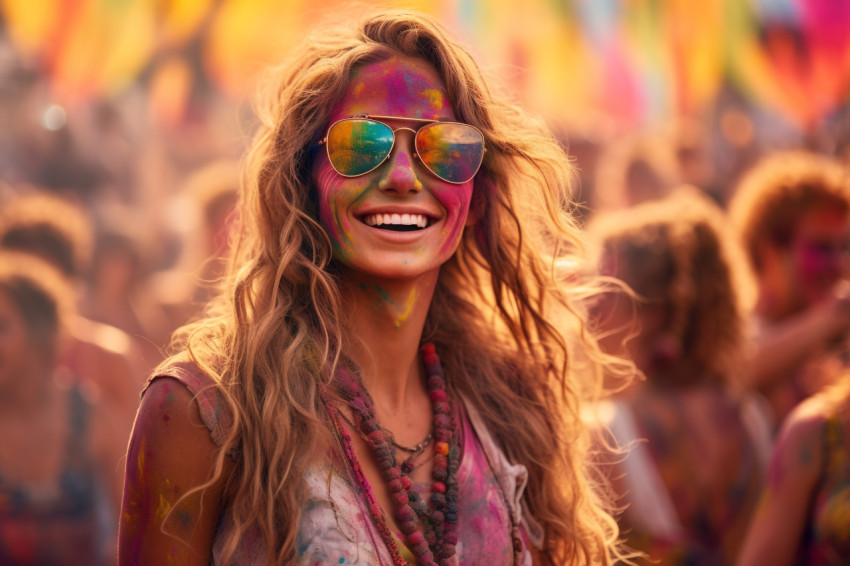 Photo of happy girl at summer Holi festival in city park listening to music on vacation