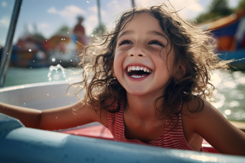 A picture of a young girl having fun at a water park with her family