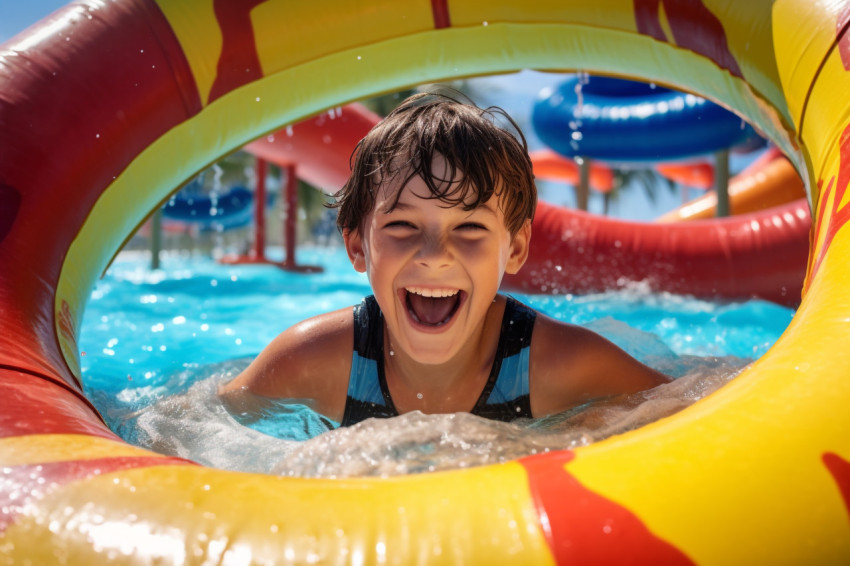 A photo of a happy boy riding inflatable circles on water slides at a water park