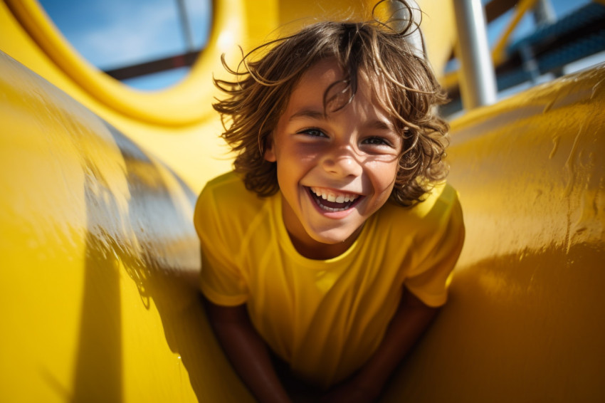 A picture of a joyful kid on a waterslide at an outside waterpark