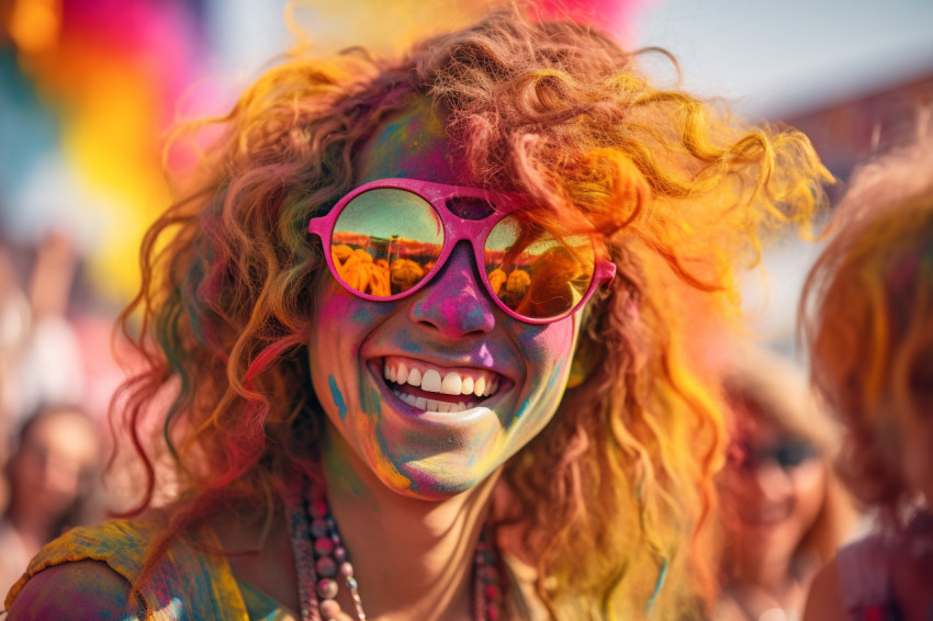 Photo of happy girl at summer Holi festival in city park listening to music on vacation