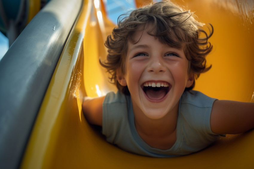 A picture of a joyful kid on a waterslide at an outside waterpark