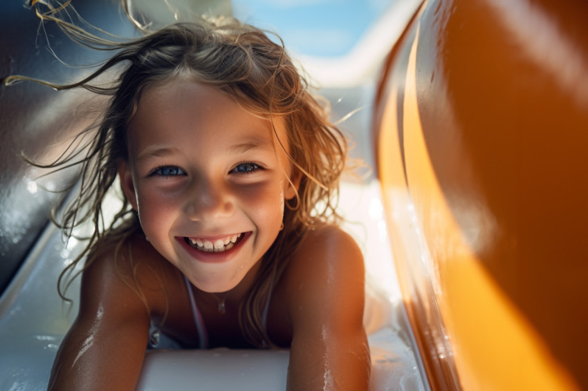 Picture of a small child going down a water slide at a water park on her summer vacation