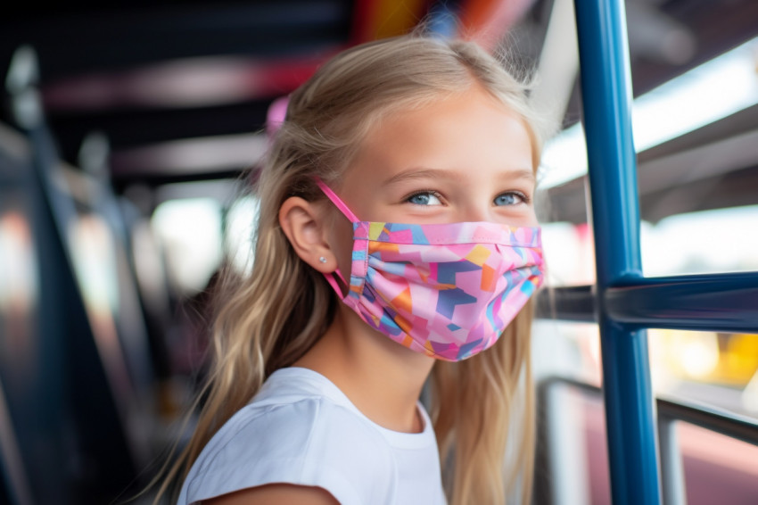 A picture of a happy school girl wearing a face mask at an amusement park