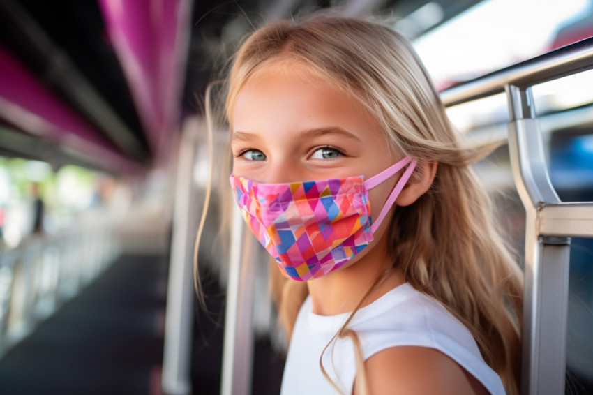 A picture of a happy school girl wearing a face mask at an amusement park