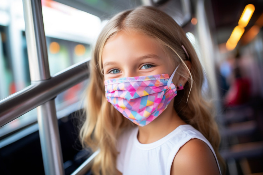 A picture of a happy school girl wearing a face mask at an amusement park