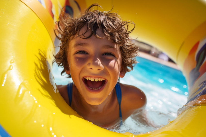 A photo of a happy boy riding a water slide in a water park