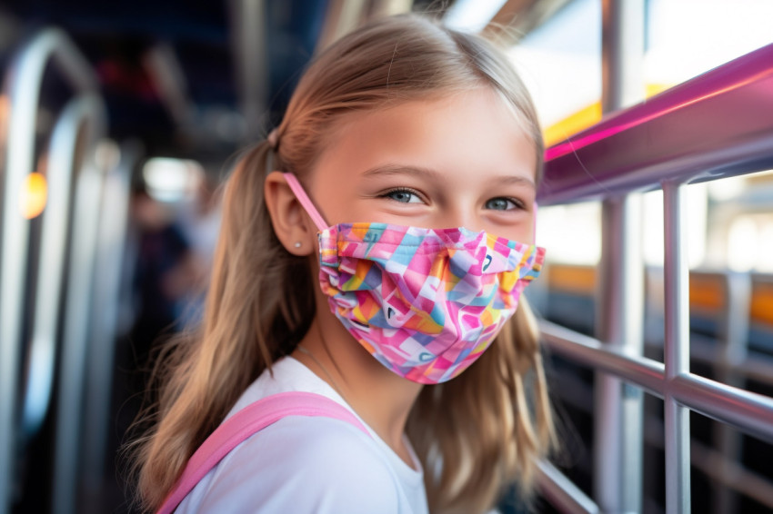 A picture of a happy school girl wearing a face mask at an amusement park