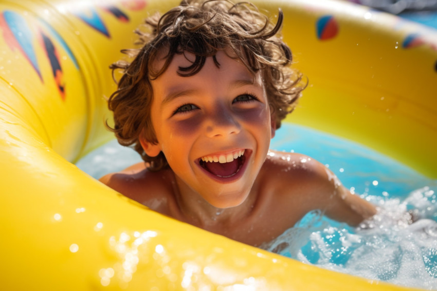 A photo of a happy boy riding a water slide in a water park