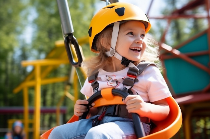 A photo of a little girl with a special orange helmet and safety gear zip lining at a childrens amusement park