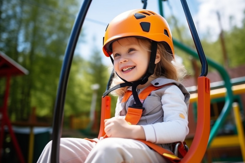 A photo of a little girl with a special orange helmet and safety gear zip lining at a childrens amusement park