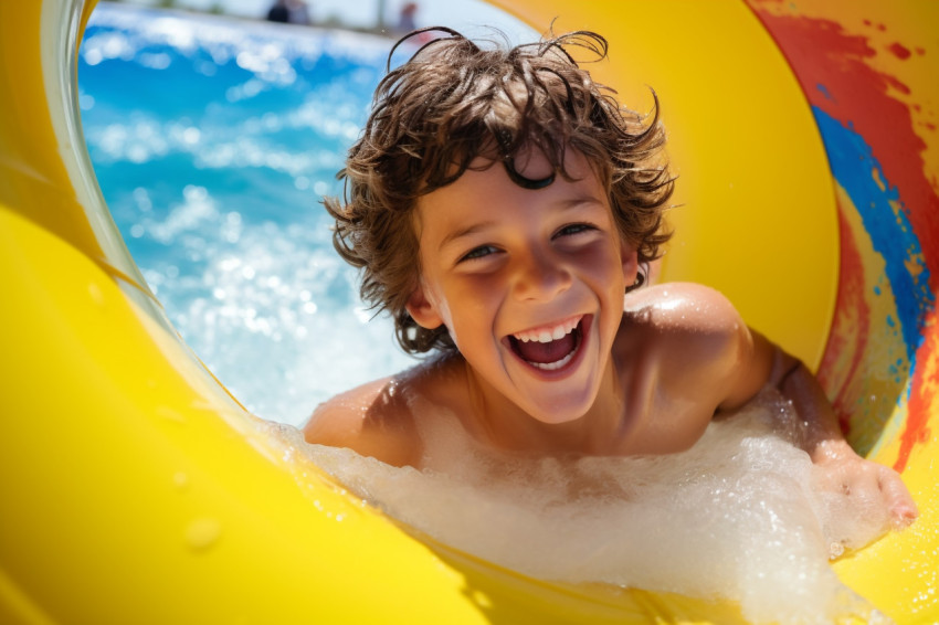 A photo of a happy boy riding a water slide in a water park