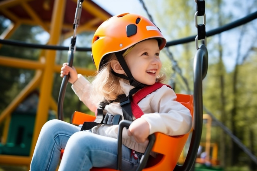 A photo of a little girl with a special orange helmet and safety gear zip lining at a childrens amusement park