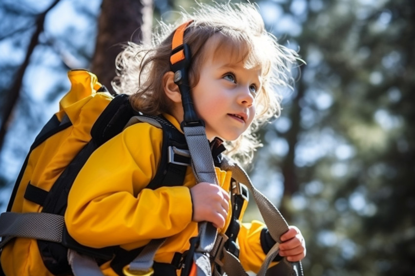 A picture of a brave little kid climbing through the treetops to get to the zip line crossing a hanging bridge on the way