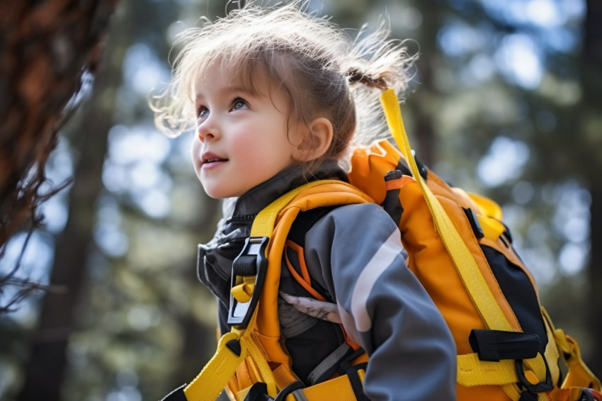 A picture of a brave little kid climbing through the treetops to get to the zip line crossing a hanging bridge on the way