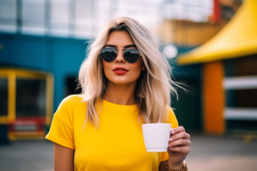 A photo of a young woman in a fashionable yellow shirt posing outdoors in an amusement park next to a large cup