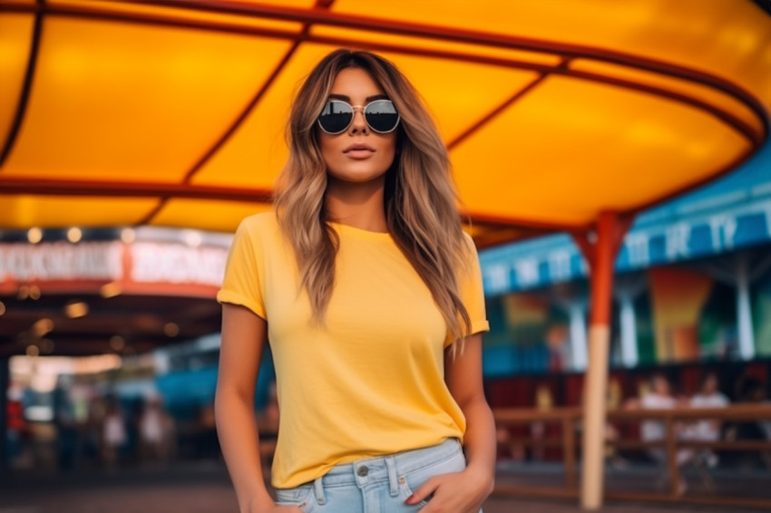 A photo of a young woman in a fashionable yellow shirt posing outdoors in an amusement park next to a large cup