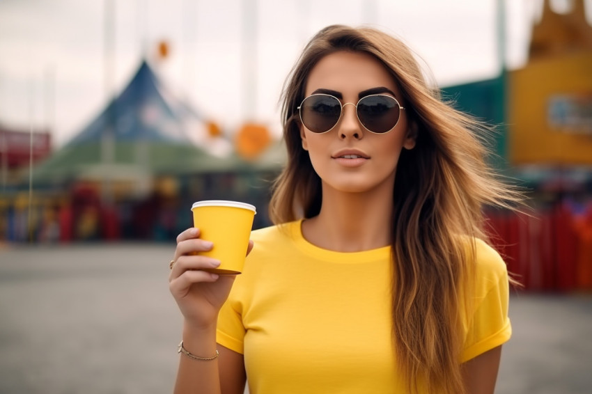 A photo of a young woman in a fashionable yellow shirt posing outdoors in an amusement park next to a large cup