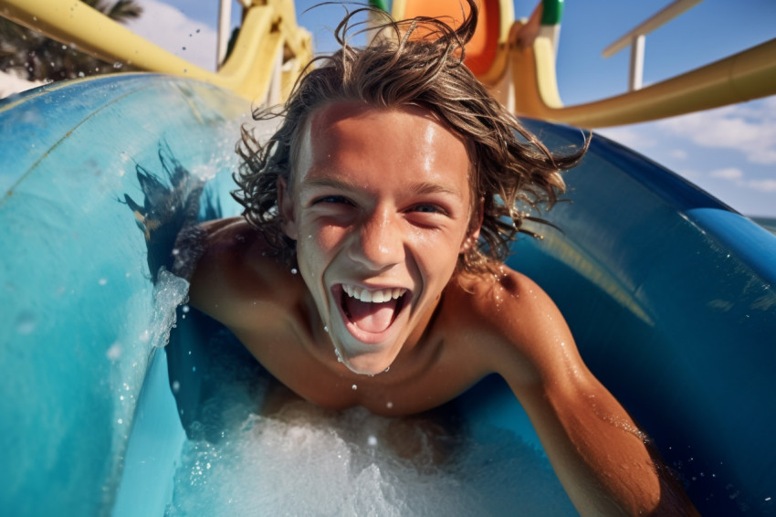 Picture of a young guy going down a water slide