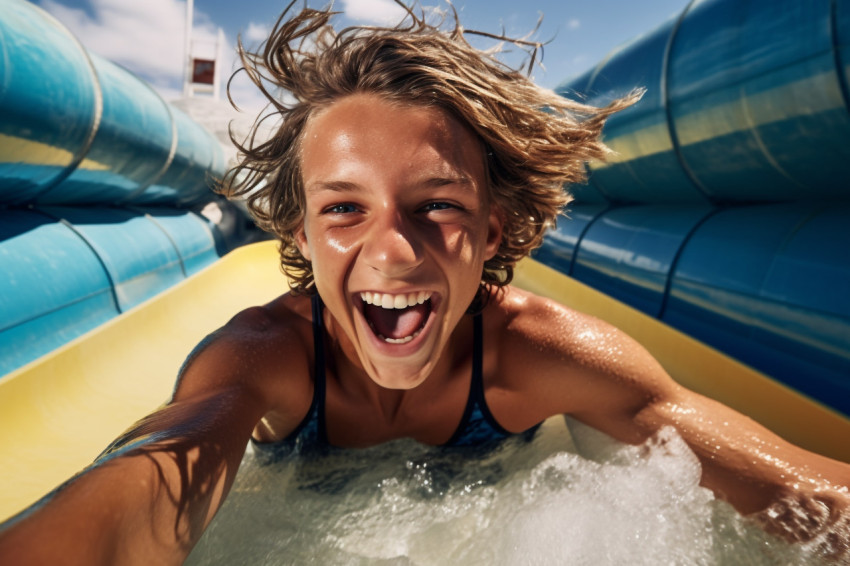 Picture of a young guy going down a water slide