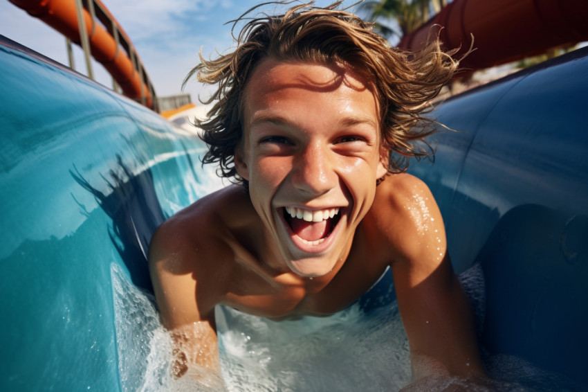 Picture of a young guy going down a water slide