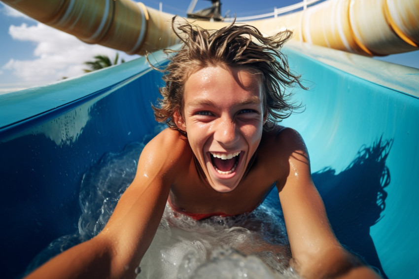 Picture of a young guy going down a water slide