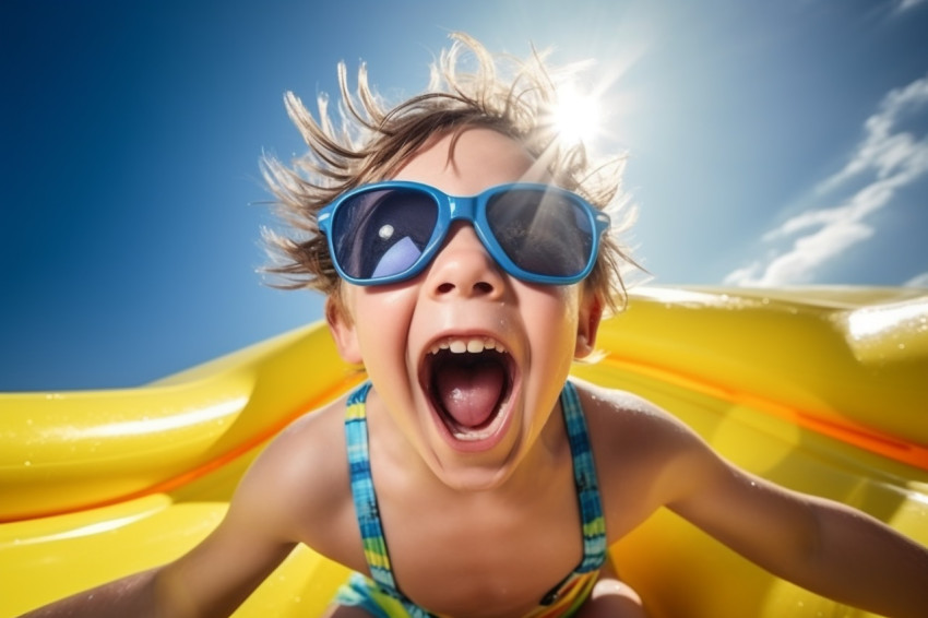 A picture of a happy child in a swimsuit and goggles laughing and looking at the camera while going down a water slide at a park