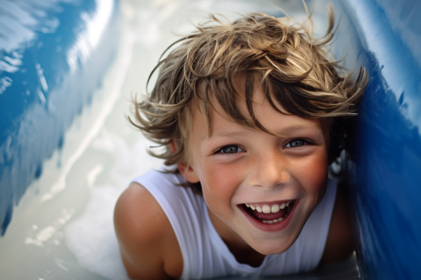 A happy boy with blue eyes slides down a water slide at a water park He is having a lot of fun