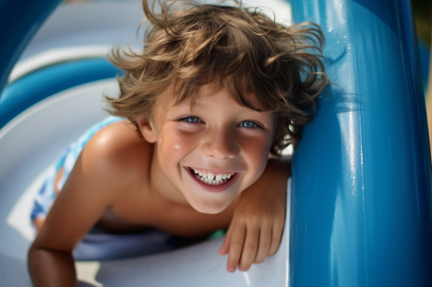 A happy boy with blue eyes slides down a water slide at a water park He is having a lot of fun