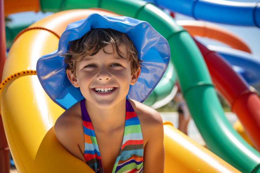 Photo of a healthy happy child near a blue swimming pool with water slides in a water park during the summer