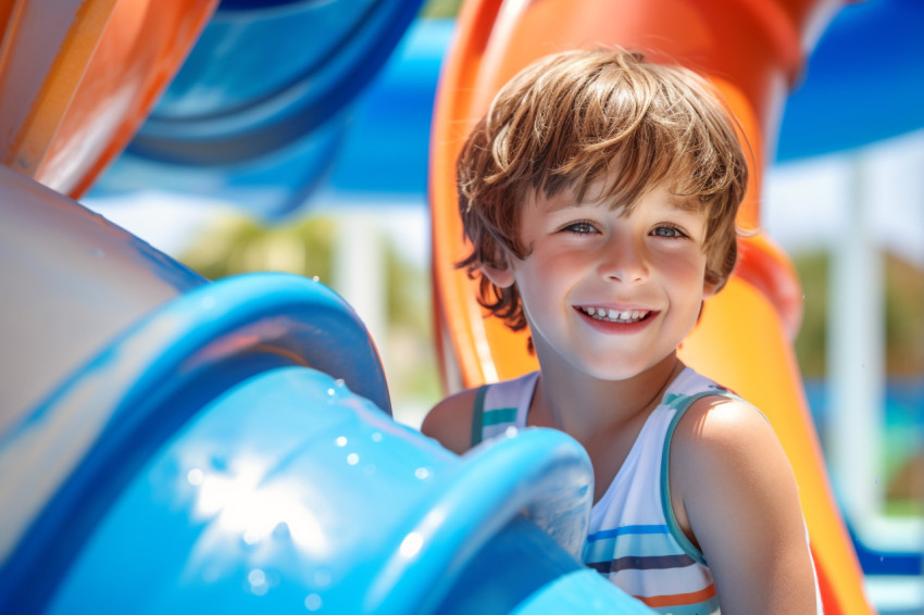 Photo of a healthy happy child near a blue swimming pool with water slides in a water park during the summer