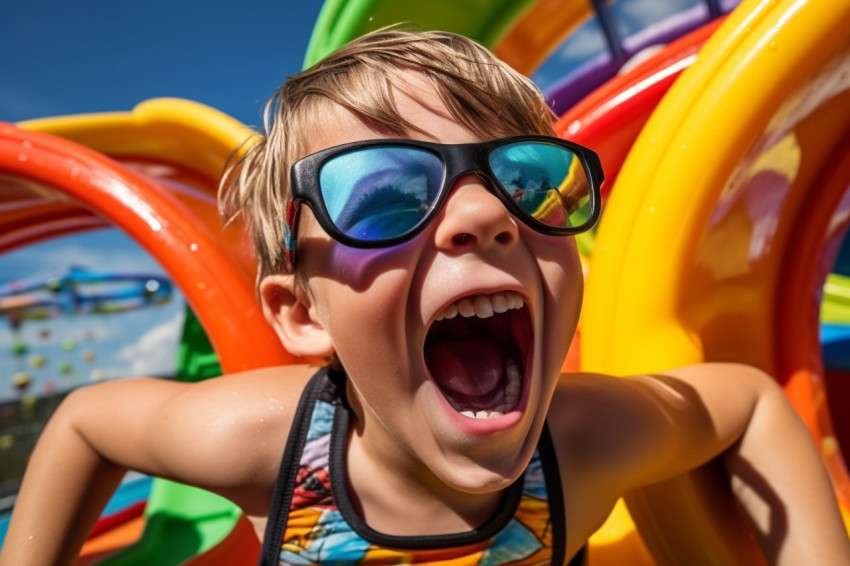 A picture of a happy child in a swimsuit and goggles laughing and looking at the camera while going down a water slide at a park