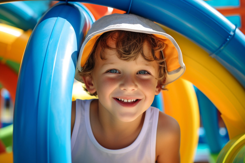 Photo of a healthy happy child near a blue swimming pool with water slides in a water park during the summer