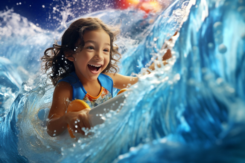 A picture of a young girl riding a wave machine at a water park in a tropical resort