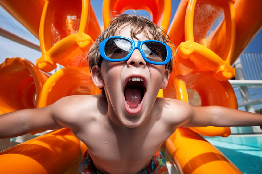 A picture of a happy child in a swimsuit and goggles laughing and looking at the camera while going down a water slide at a park