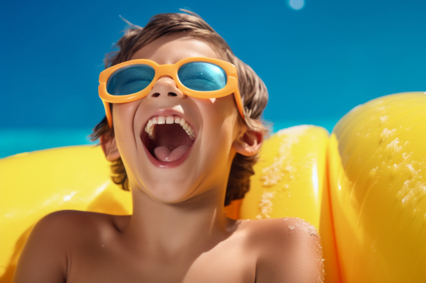 A photo of a happy child having fun at the water park on summer vacation riding a yellow float and laughing