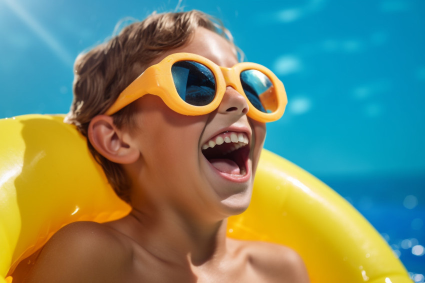 A photo of a happy child having fun at the water park on summer vacation riding a yellow float and laughing