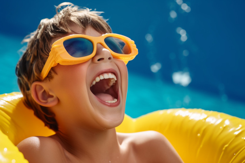 A photo of a happy child having fun at the water park on summer vacation riding a yellow float and laughing