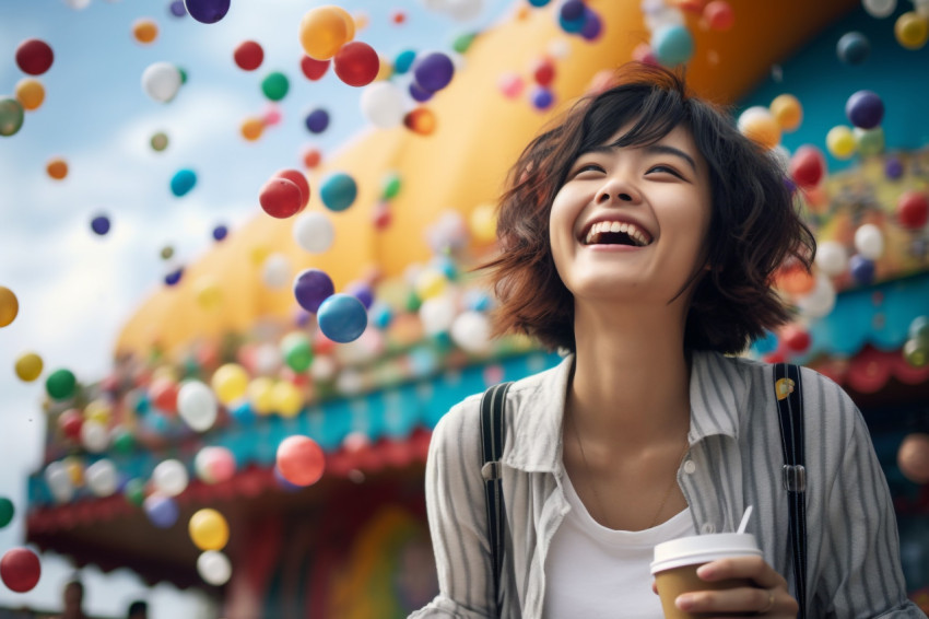 A photo of a smiling woman with a coffee cup at a public amusement park during summer vacations having fun like a child