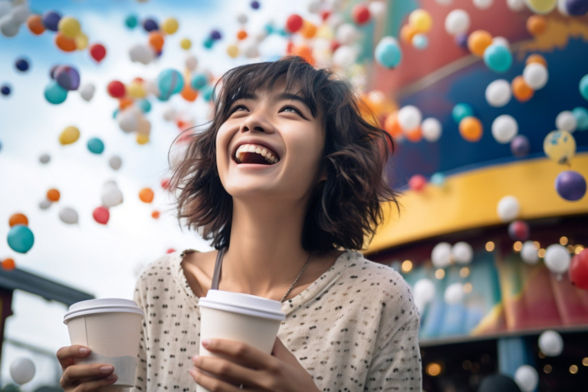 A photo of a smiling woman with a coffee cup at a public amusement park during summer vacations having fun like a child