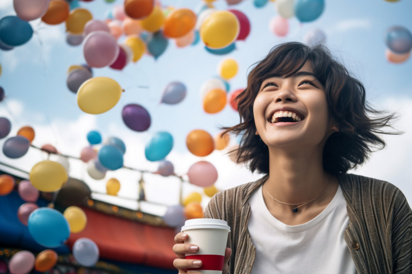 A photo of a smiling woman with a coffee cup at a public amusement park during summer vacations having fun like a child