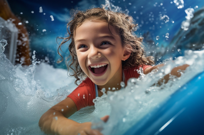 A picture of a young girl riding a wave machine at a water park in a tropical resort