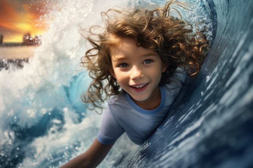 A picture of a young girl riding a wave machine at a water park in a tropical resort