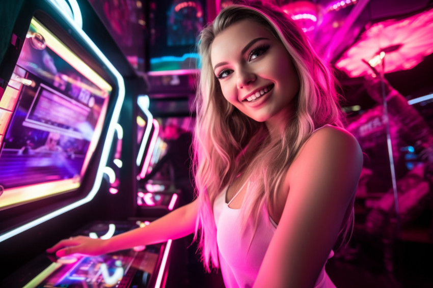 A photo of a female tourist taking a selfie inside a Ferris wheel cabin at an amusement park in the old town square