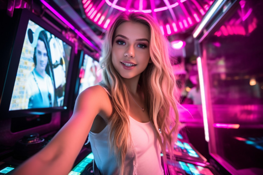 A photo of a female tourist taking a selfie inside a Ferris wheel cabin at an amusement park in the old town square